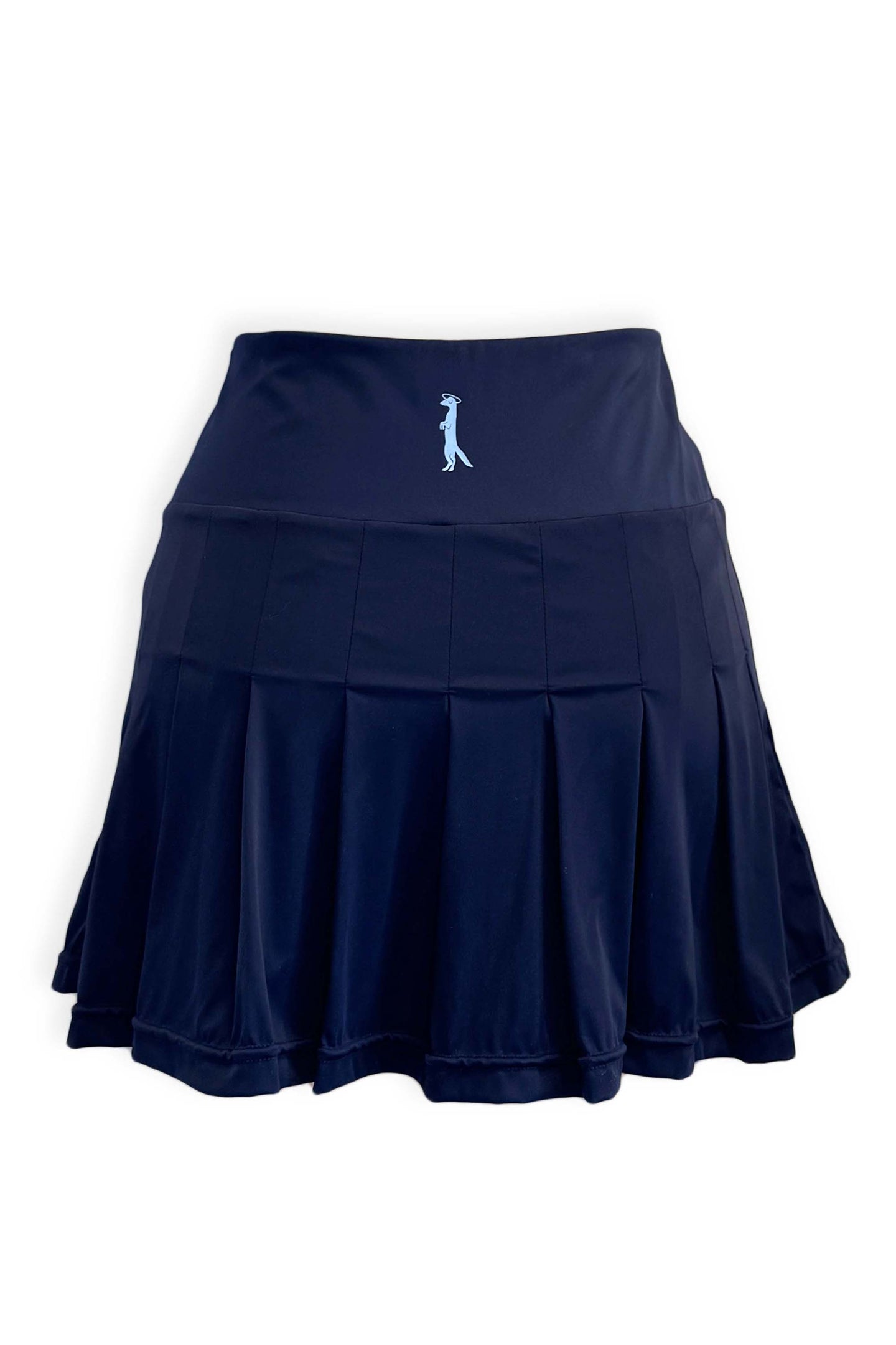 Navy pleated tennis skirt in soft, stretchy and sustainable fabric. Built in shorts with pockets in peach and white seersucker fabric with the brand's Mongoose logo.